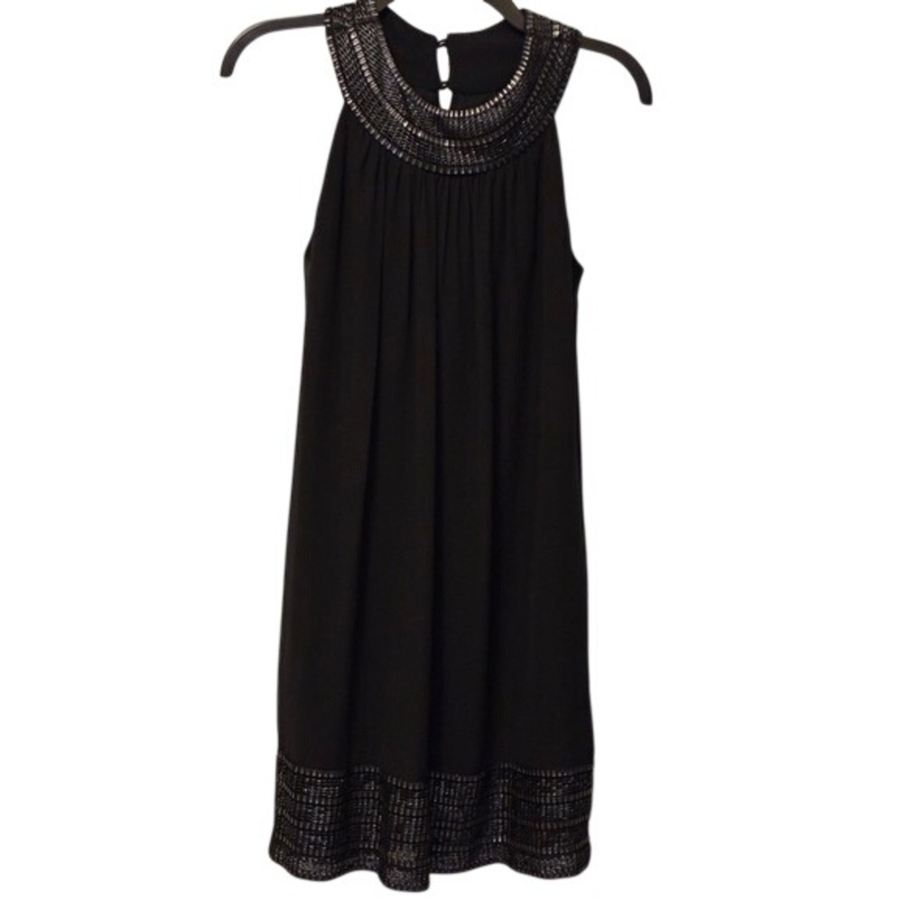 SLNY Womens Black Beaded Halter Neck Shift Cocktail Dress Small Silver Trim